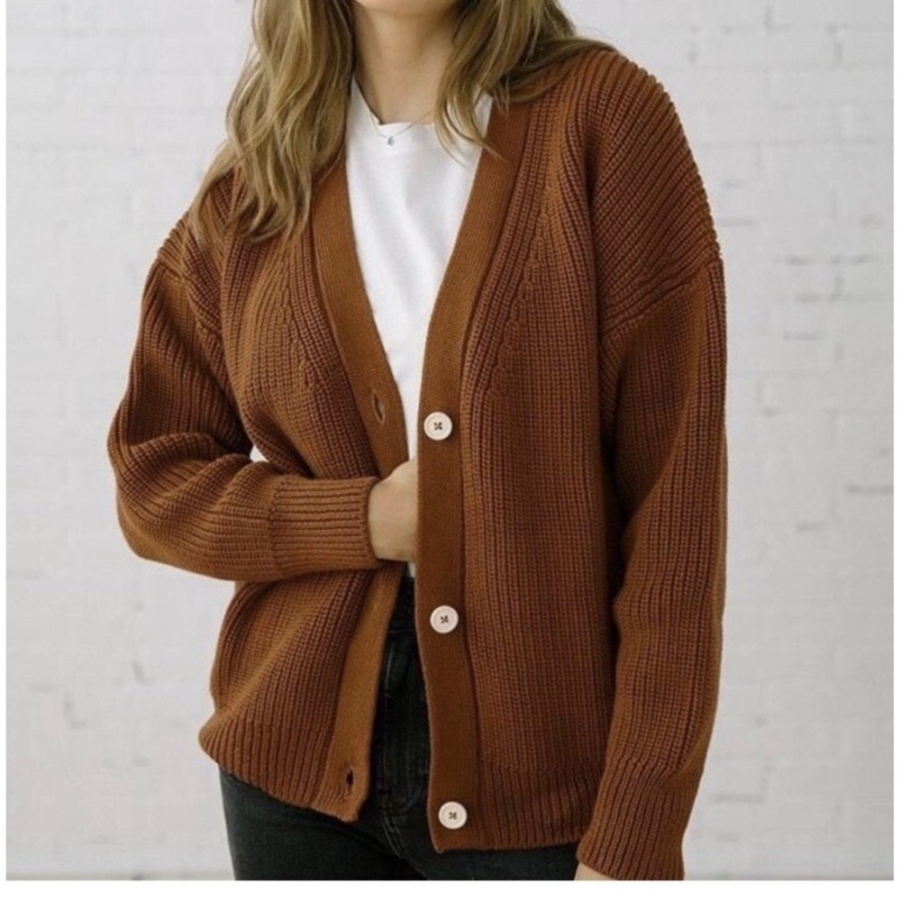 Tradlands Shelter Cardigan Brown Chunky Cotton Knit Sweater Size S